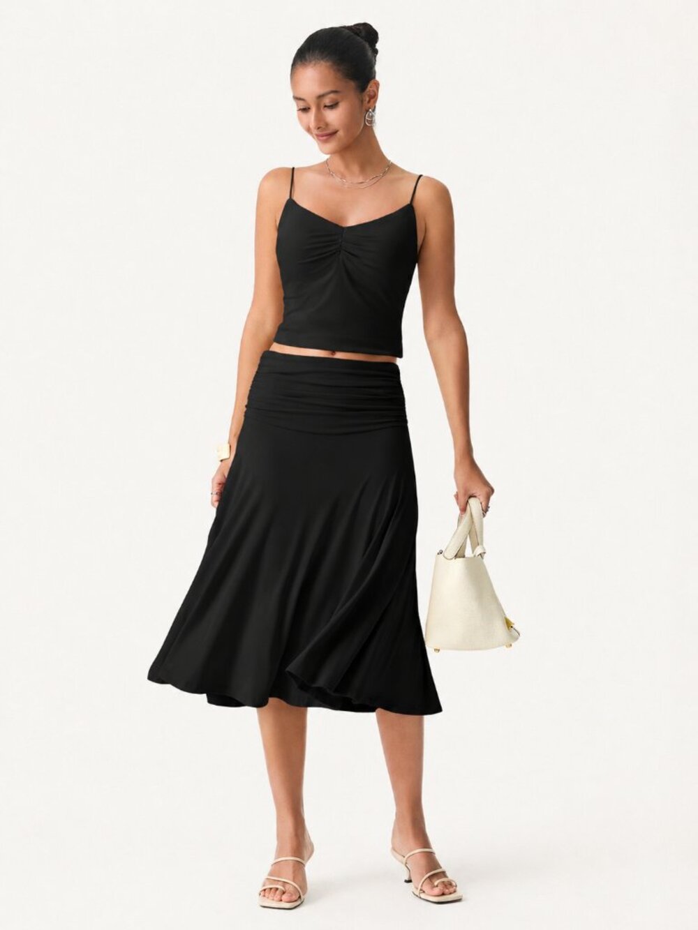 NWT OGL Move Black Eco-SkinKiss® Flowy Side Ruched A-line Midi Skirt XS - Picture 2 of 13